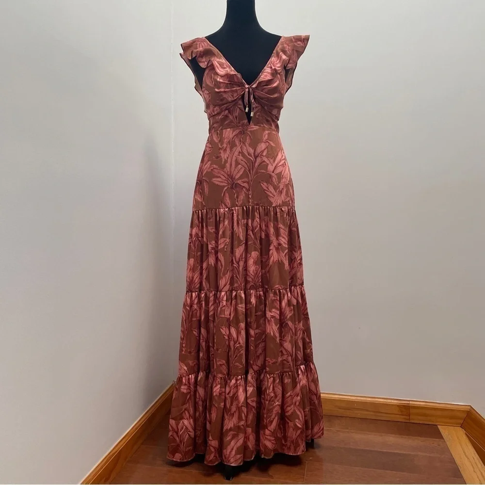 Significant Other- Copper Brown Floral Printed Cut Out Maxi Sollar Dress Size 4